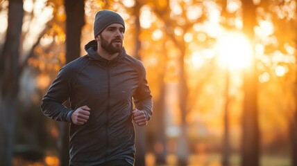 Obraz premium Man jogging in park with autumn foliage and sunset