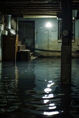 Flooded Basement. A dimly lit basement with water up to the knees.