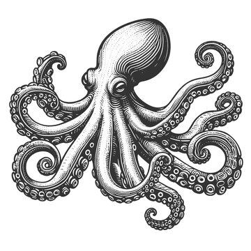 recommend clip art: octopus sea animal food with swirling tentacles and suction cups, in a classic engraving style sketch engraving generative ai vector illustration. Scratch board imitation. Black and white image.