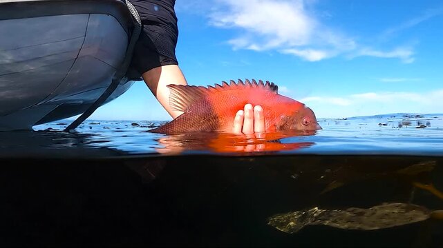 Underwater view of a California sheepshead being released by a fisherman