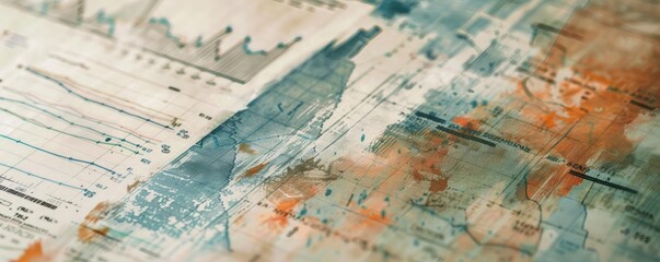 Abstract watercolor art featuring charts and graphs, perfect for backgrounds or business illustrations.