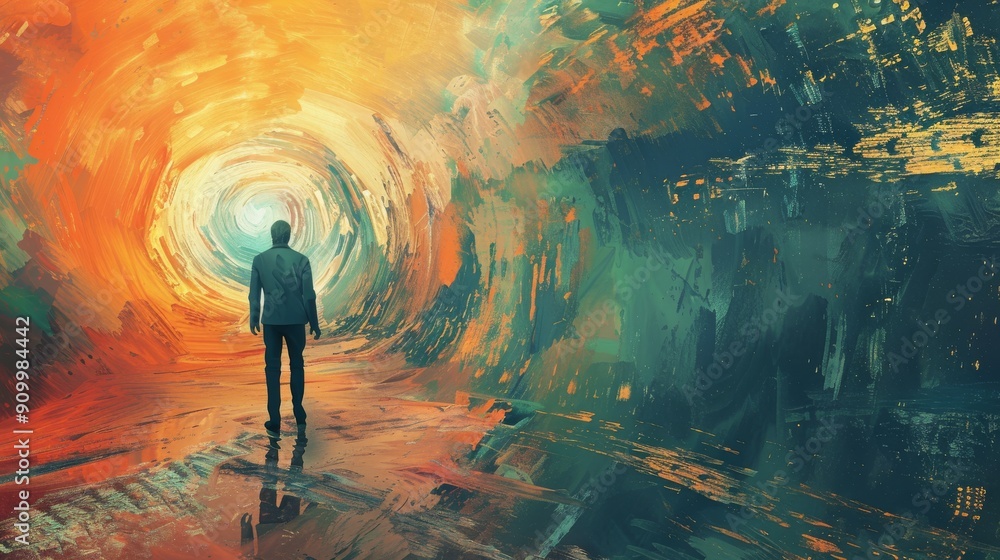 Poster man standing in abstract colorful tunnel of light and darkness