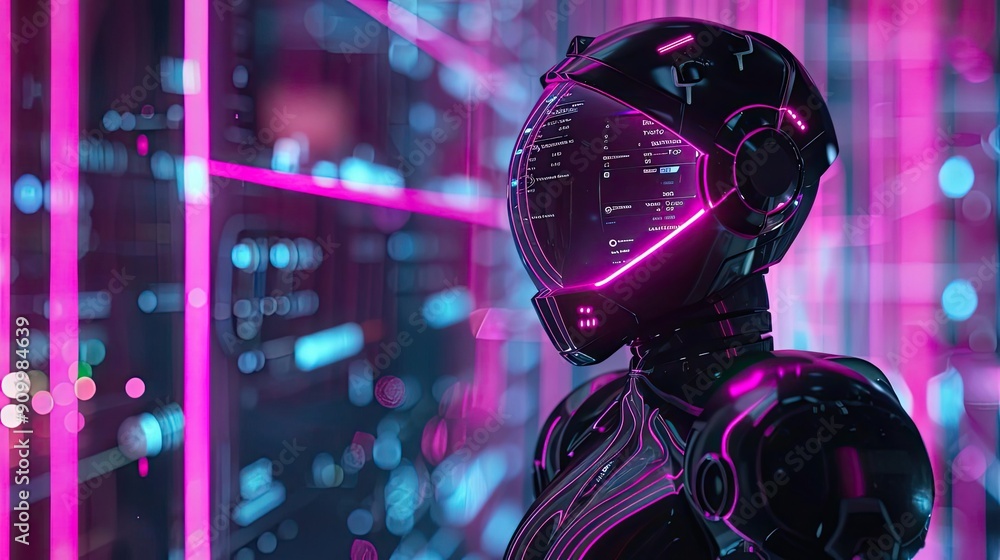 Poster futuristic robot with neon lights, showcasing advanced technology in a digital environment. perfect 