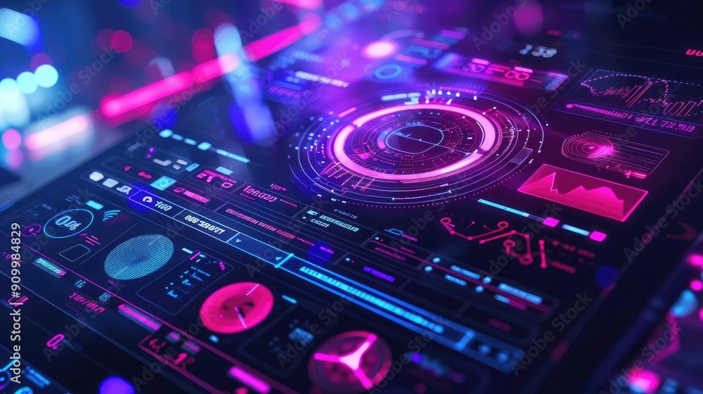 Aufkleber futuristic digital interface with vibrant colors, showcasing complex data visualizations and interac