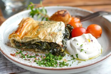 A plate of hortopita, a wild greens pie wrapped in crispy filo pastry, served with a side of Greek yogurt.