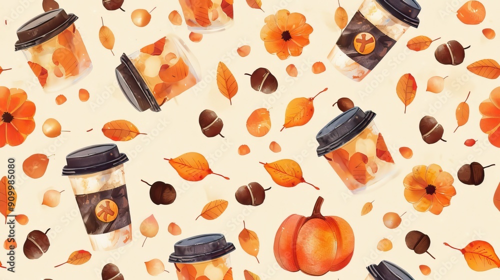 Poster a pattern of cute illustrations featuring pumpkins, acorns and leaves