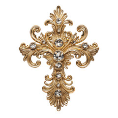 An ornate golden cross adorned with sparkling jewels, symbolizing faith and elegance, perfect for religious settings and decor.