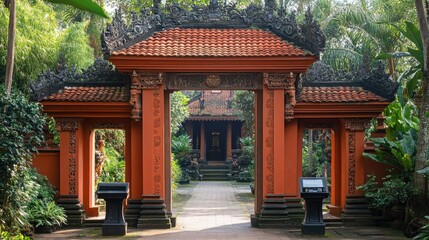 Fototapeta premium Peaceful Temple Gate with Donation Box and Various Currencies for Giving Generously