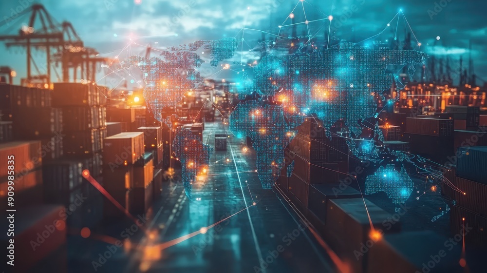 Aufkleber global map with boxes representing cargo, connected by digital lines symbolizing advanced logistics 