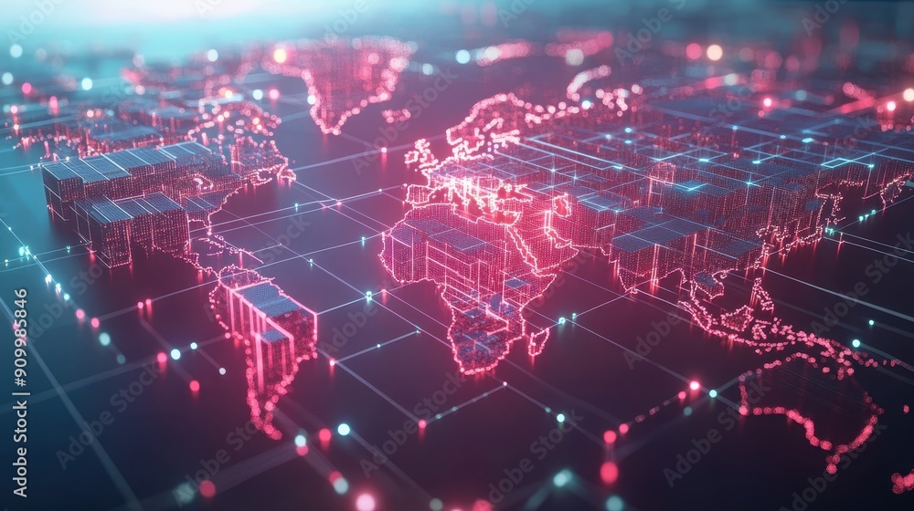 Aufkleber a global map with boxes representing cargo, connected by digital lines symbolizing advanced logistic