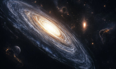 A spiral galaxy, with bright stars in the center and dark space around it. In deep blackness, there...