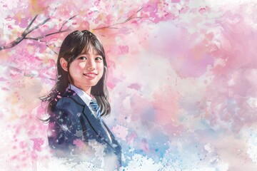 桜と笑顔の女子高校生の水彩画（入学・卒業・青春・合格・受験・試験）