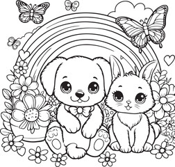 child with a dog, vector art illustration coloring page,