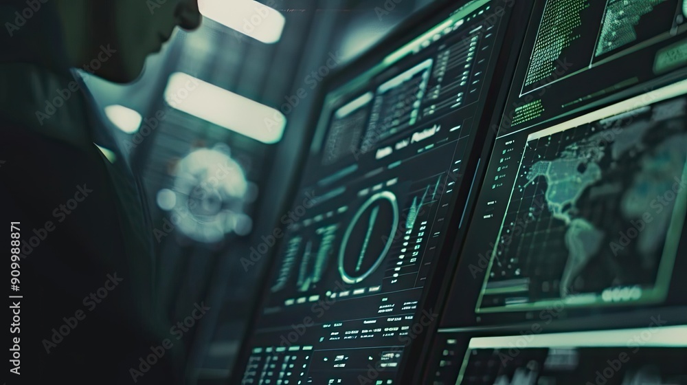 Poster a close-up of a person analyzing complex data on multiple futuristic screens in a dark, high-tech en