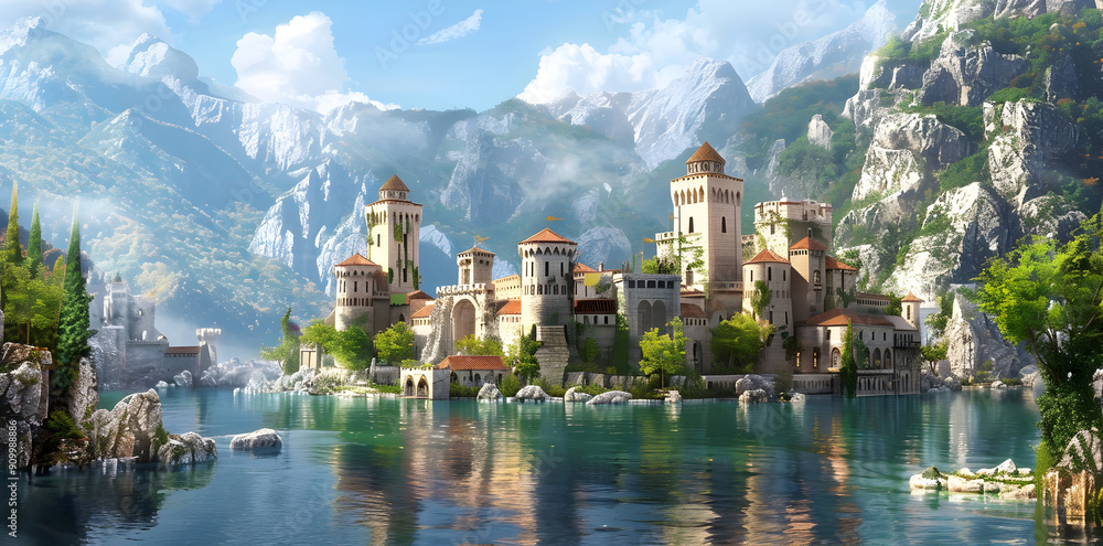 Canvas Prints Fantasy Castle on an Island in a Mountain Lake - Illustration