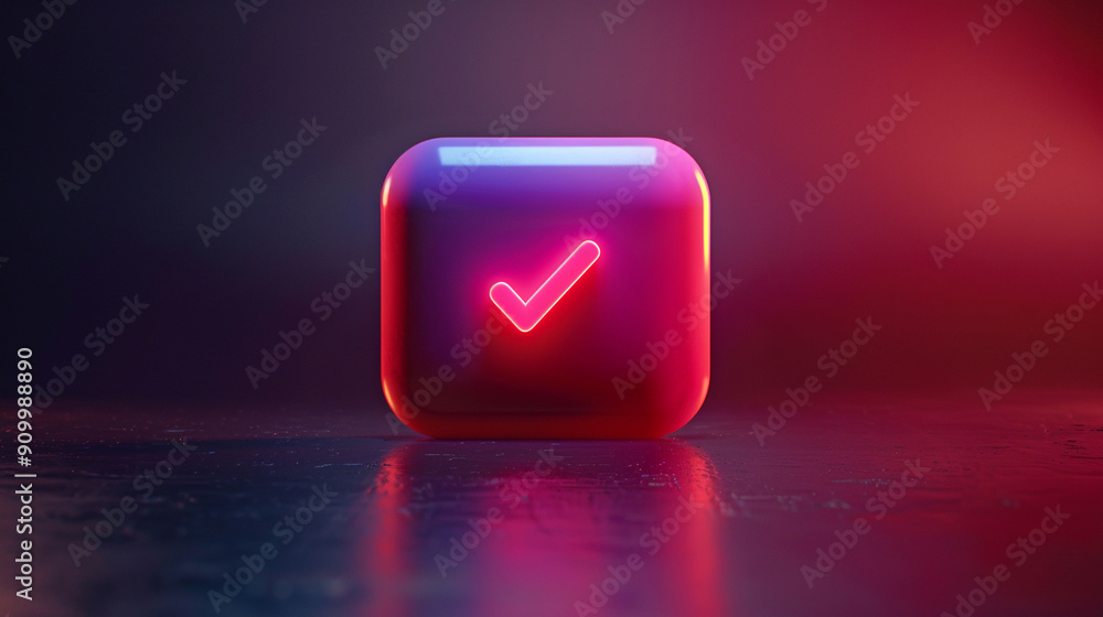 Poster glowing neon animation of a square with a check mark on a dark background.
