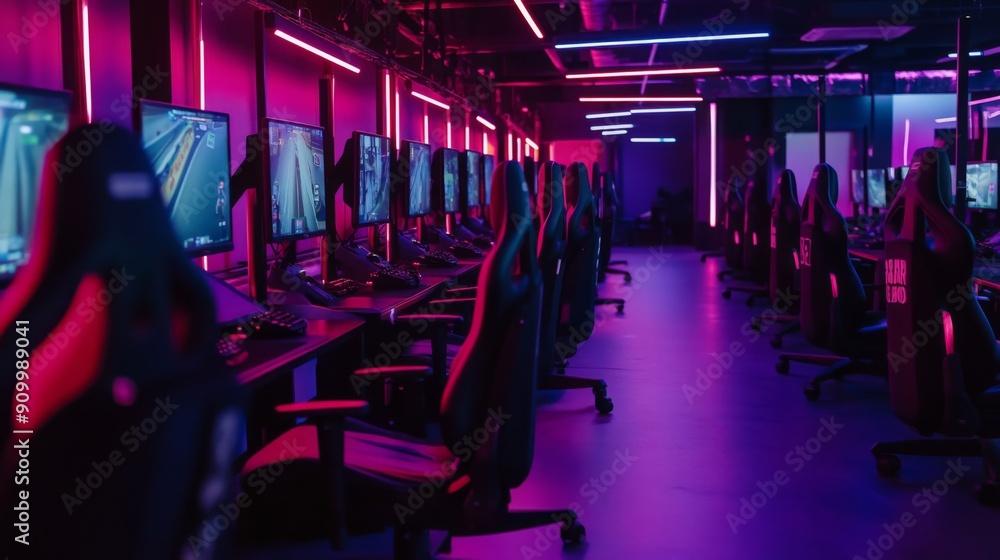 Poster A vibrant gaming lounge features rows of high-tech computers illuminated by neon lights, creating an energetic atmosphere for gamers.