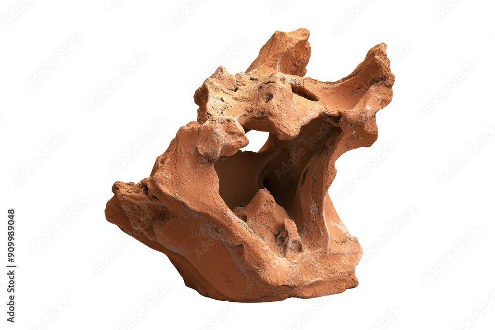 Poster abstract terracotta sculpture with intricate hollows and curves, isolated on transparent background.