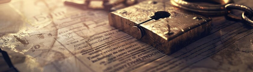 Fototapeta premium A vintage padlock resting on an old map, symbolizing mystery and exploration. Perfect for historical or adventure-themed projects.
