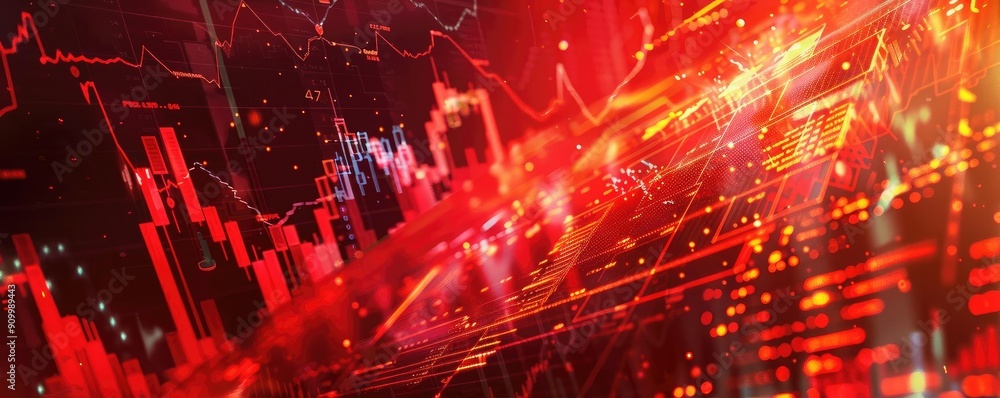 Poster dynamic red financial chart visualization with vibrant lines and bars illustrating market trends and