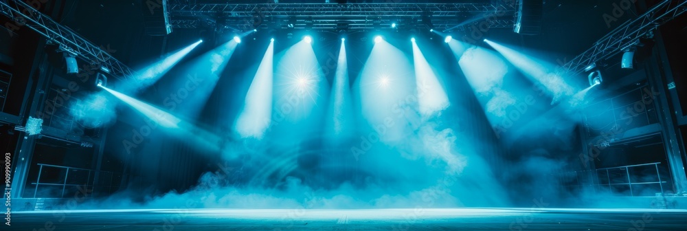 Poster blue stage lights illuminate an empty stage, creating a dramatic and atmospheric setting.
