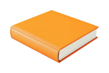 Close-up of an orange hardcover book with a plain cover, perfect for educational or literary-themed designs and publications.