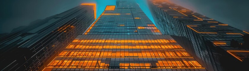 A stunning view of a modern skyscraper illuminated by orange lights, captured in a foggy urban landscape at twilight.