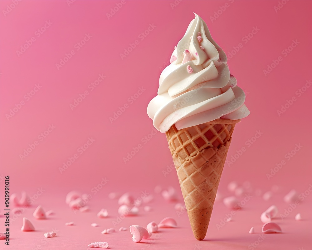 Poster soft serve ice cream cone on bright pink background with copy space