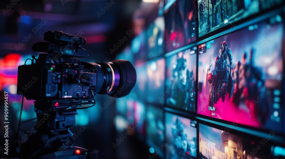 Poster A camera is focused on multiple screens displaying vibrant gaming visuals in a contemporary studio filled with dynamic lighting.
