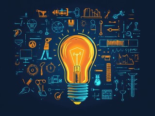 Innovation in Progress: Lightbulb Surrounded by Manufacturing Tools and Symbols