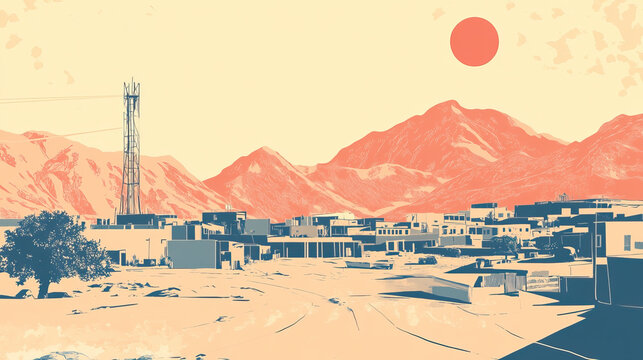 Risograph current riso print travel poster, card, wallpaper or banner illustration, modern, isolated, clear, simple of Quetta, Pakistan. Artistic, screen printing, stencil