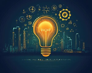 Innovation and Industry Concept - Lightbulb with Factory and Gears Icons