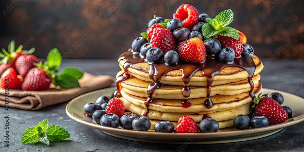 Sticker Pancakes topped with fresh berries and drizzled with rich chocolate sauce, pancakes, berries, chocolate, dessert, breakfast