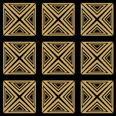 Abstract geometric pattern with triangles, squares, stripes, lines. Seamless vector background. Black and gold ornament. Modern reticulated graphic design.