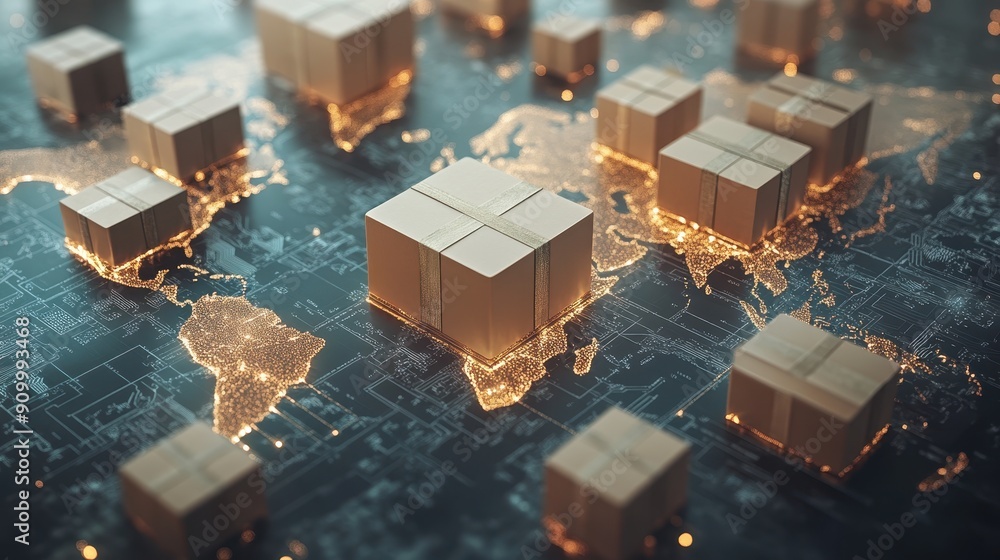 Poster multiple shipping containers positioned on a world map, illustrating global logistics and internatio