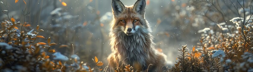 Obraz premium Guardian fox of mythical woods, elven helmet, mystical aura, vigilant stance