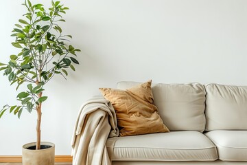 Bright and cozy living room interior with a sofa and plant, set against a white wall background