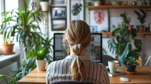 A participant engages in a virtual team building activity from a home office filled with plants and personal touches
