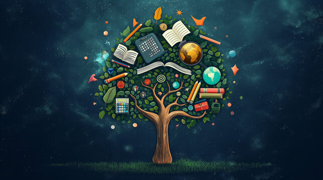 An abstract tree of knowledge with education items like books, pencils, rulers, globe. Education, Studying, learning concept.