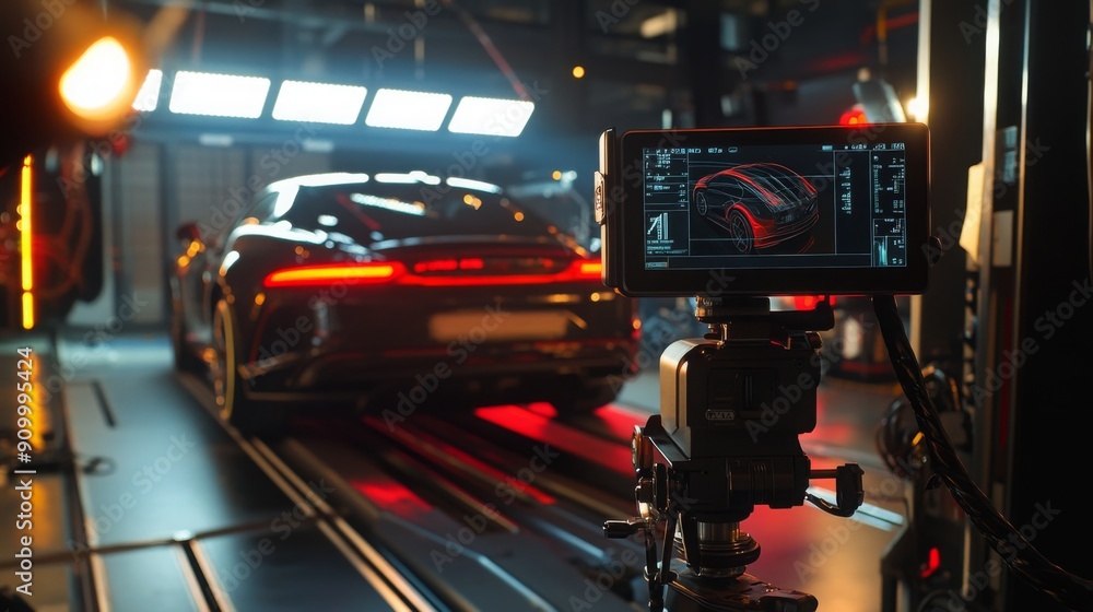 Aufkleber A high-performance sports car is positioned on a dynamometer while a diagnostic screen displays data in a well-lit automotive workshop at night.