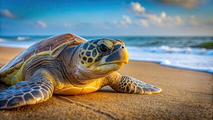 Close up of an olive ridley sea turtle on the beach, wildlife, endangered species, marine life, conservation, ocean
