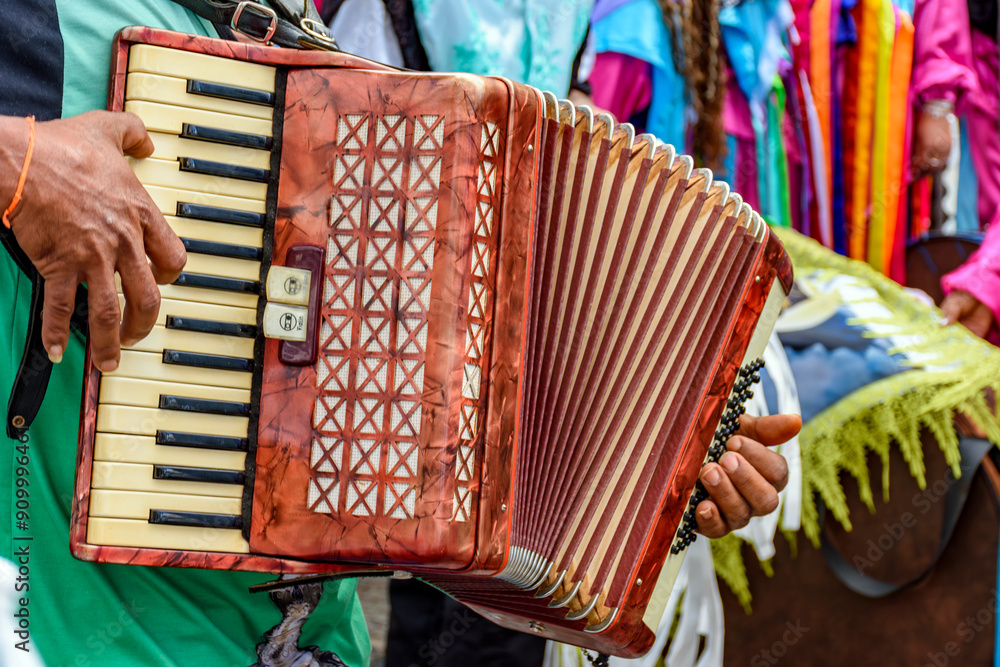 Wall mural accordionist playing during an important and traditional religious festival in the streets of belo h