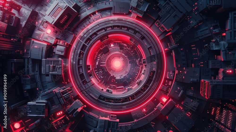 Poster futuristic circular technology design with vibrant red lights, showcasing intricate patterns and a c