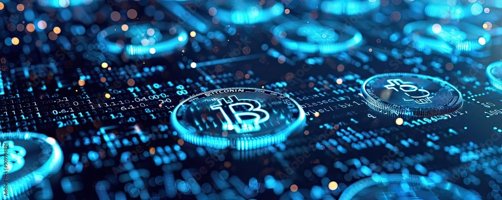 Poster futuristic digital background featuring glowing bitcoin symbols and a network of data, perfect for c