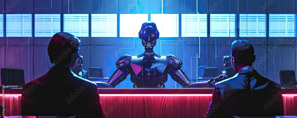 Poster a futuristic scene with a robot interacting with two men in a tech-filled environment, showcasing ad