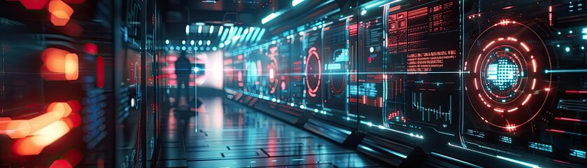 Fototapeta premium Futuristic corridor featuring sleek design and neon lights, ideal for sci-fi themes in artwork and digital media.