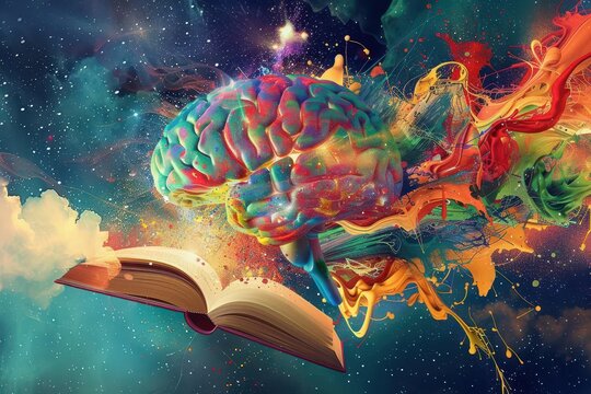 surrealist digital illustration of human brain exploding into cascade of vibrant paint splatters books and swirling galaxies