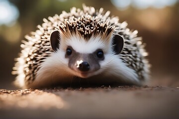 Fototapeta premium camera while rolling african hedgehog happy looking domestic mammal porcupine pygmy rodent animal pet cute adorable little small dwarf fur brown protection bristle needle pin prickly quill spiky
