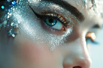 Model is showcasing a creative makeup look featuring silver glitter and icy blue eyeshadow