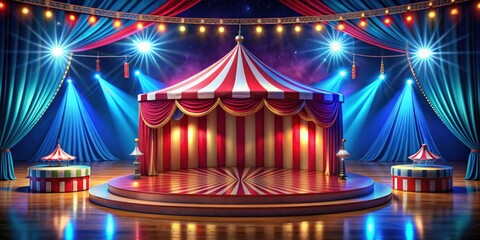 Circus mockup and product display podium in a colorful manege setting, circus, mockup, product display, podium, manege